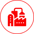 Red manufacturing symbol on dark backdrop